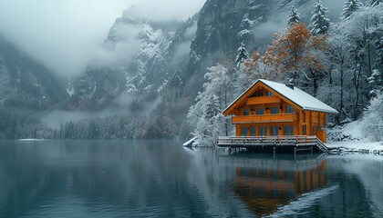 Fototapeta premium Beautiful winter landscape with a wooden house on a lake and snowcovered mountains in foggy weather, with an orange and blue color palette, in the style of ultra realistic photography