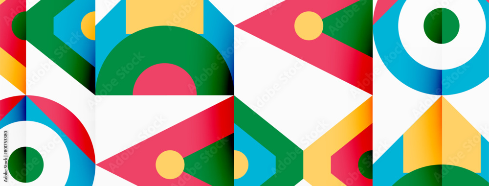 Poster Vibrant geometric pattern featuring circles and triangles in red tints and shades on a white background, showcasing creativity and symmetry in textile art reminiscent of toy blocks