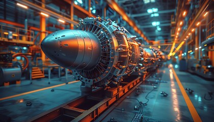 Bright production line with big oversized jet engine in factory, closeup of the turbine and blades modern technology background 3D rendering in the style of modern technology