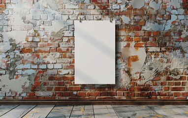 A blank, white poster hung on a brick wall with a clothespin.