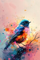 Create a stunning artwork featuring a modern representation of a bird against a backdrop of vibrant abstract splashes, made using generative AI technology.