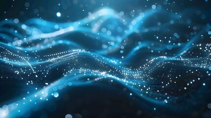 Neon wave lines and bokeh lights on abstract futuristic background, data transfer concept wallpaper.