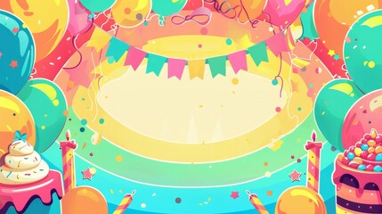 Colorful birthday party background with balloons and cake
