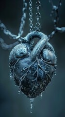 A heart entwined in shimmering silver chains, illuminated by soft light, depicting the beauty and pain of a love bound