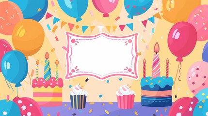 Colorful birthday party invitation background with balloons and cake