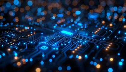 Fototapeta premium Digital background featuring a circuit board and security icons in blue tones with a depth of field effect A hightech technology concept.