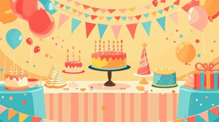 Colorful birthday party setup with cakes balloons and gifts