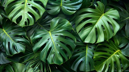 Green monstera leaves in tropical forest plant, nature background Dark green foliage texture of Monuits ornamental home garden