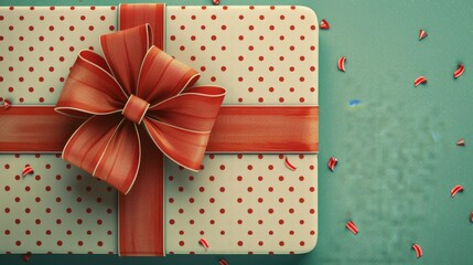 Elegant gift wrapped with a red bow on a dotted background