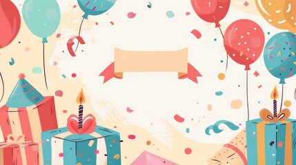 Festive background with balloons gifts and confetti celebration time