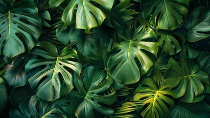 Green monstera leaves in tropical forest plant, nature background Dark green foliage texture of Monuits ornamental home garden