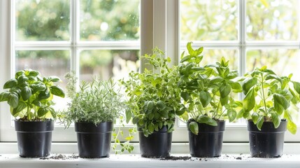 Close up of a homemade herb garden on a windowsill, saving on buying fresh herbs