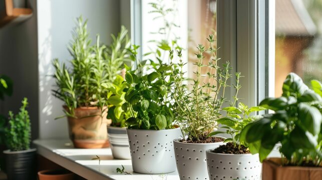 Close up of a homemade herb garden on a windowsill, saving on buying fresh herbs