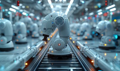 Fototapeta premium Hannover, Germany, Marcin Teluskis style, white robotic arms on a conveyor belt in a modern factory with blue lighting, photorealistic