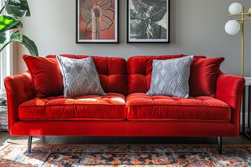 Red sofa in a virtual showroom with customizable fabric options, sleek design