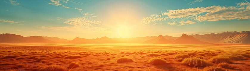 The sunrise in the grasslands of the Sahara illuminates the arid terrain with a breathtaking golden hue, a truly magnificent spectacle to behold. Generated by AI. - Powered by Adobe