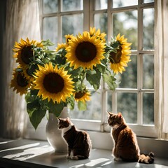 Sunflowers in a vase and a two cats looking for outside the window.