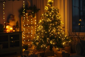 Christmas tree decorated with yellow garlands