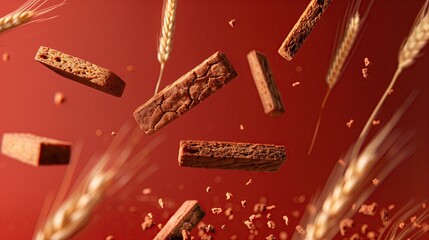 Chocolate coated biscuit sticks The background is red and there are wheat ears floating around.
