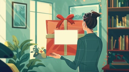 Woman unwrapping a large gift in a cozy room