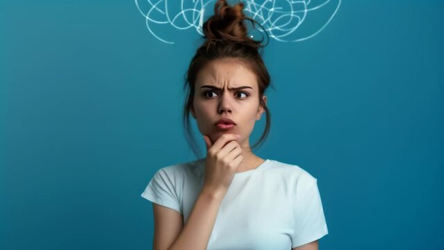 Pensive young woman with brown hair in a bun and blue t-shirt, hand on chin, furrowed brow. Tangled black scribble above her head symbolizes inner turmoil, worry, confusion. 