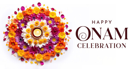 Marigold Wreath with Candle in the Middle on Orange Isolated Background. Onam Celebration Poster Design