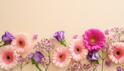 Bouquet Bliss: Pink and Purple Flowers Flat Lay