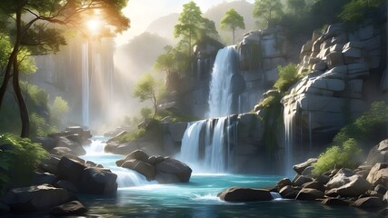  A waterfall spills over a rocky ledge, its crystalline waters catching the sunlight in a dazzling display. Surrounding foliage flourishes in the misty air, adding to the lushness of the scene.