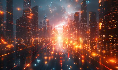 Obraz premium The city of the future with digital lines and lights in high definition, illuminated skyscrapers at night, Chinese architecture Aerial view of modern metropolis with light trails and data connections