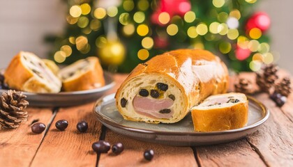 Venezuelan christmas dinner pan de jamon on a festive decorated table