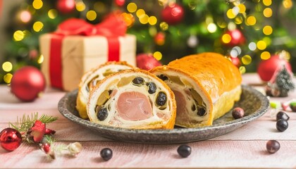 Venezuelan christmas dinner pan de jamon on a festive decorated table
