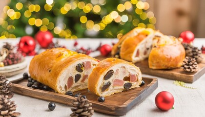 Venezuelan christmas dinner pan de jamon on a festive decorated table