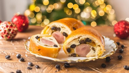 Venezuelan christmas dinner pan de jamon on a festive decorated table