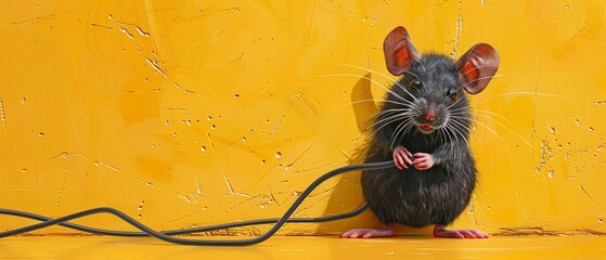 mouse munching on wires on a pale yellow backdrop.