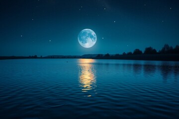 night summer lake, starry clear sky, full moon