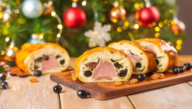 Venezuelan christmas dinner pan de jamon vut on a festive decorated table with venezuelan flag