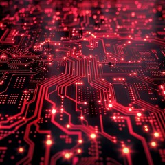 Obraz premium Red Line Circuit board digital technology backdrop. Ideal for a wide banner, poster, website header, social media posts, video editing, presentation backgrounds, promotions, and much more.