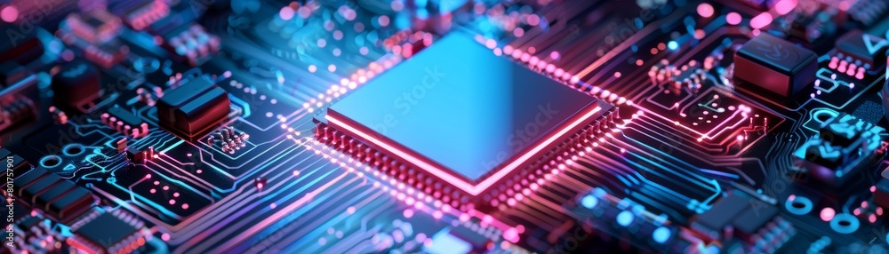 Poster optical cpu processing signals in a quantum computer. glowing qubits and laser transmission of digit