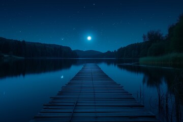 night summer lake, starry clear sky, full moon
