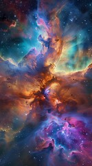 Nebula Glow, An explosion of colorful cosmic dust fills the sky, blending into a vibrant nebula of blues, purples, and reds, capturing the beauty and vastness of the universe.