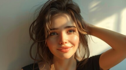 Fototapeta premium A lovely illustration capturing the joyful expression of a young woman in a black t-shirt, exuding elegance and beauty as she gazes at the camera with a radiant smile.