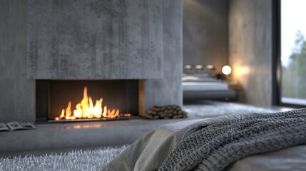 Fototapeta premium A sleek and simple fireplace with a concrete mantel adds a touch of texture and warmth to this otherwise minimalistic bedroom. 2d flat cartoon.