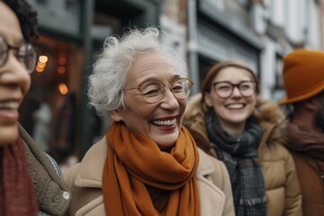Smiling senior woman in eyeglasses looking at camera with friends in background