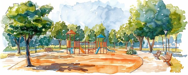 The image shows a rendering of a park with a playground