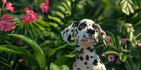 an adorable Dalmatian dog with pink flowers, generative AI