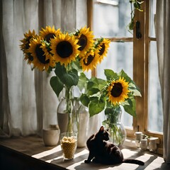 Sunflowers in a vase and a black cat looking for outside the window.
