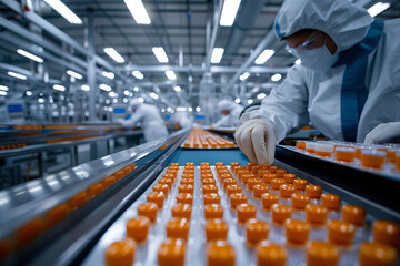 Documentary photography of a bustling pharmaceutical production line