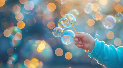 A child's hand holding a bubble wand, ready to blow bubbles