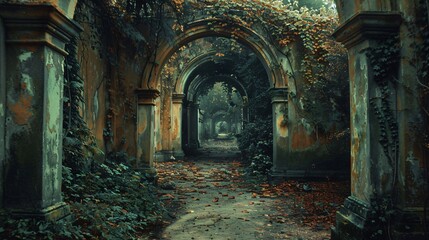 Overgrown Gothic Archway in a Forgotten Garden, Timeless Mystique Ambience