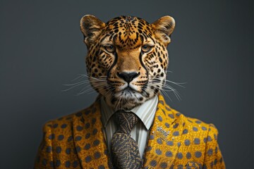 A stylish leopard in a sophisticated outfit with a sleek necktie. Portrait of a fashionable anthropomorphic big cat exuding a confident human-like demeanor.